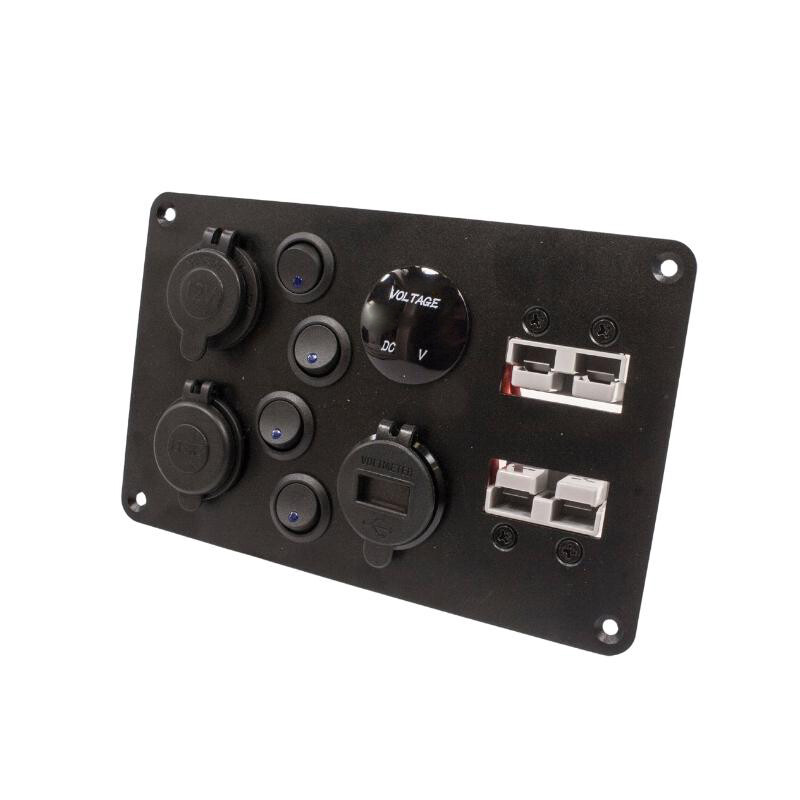 4 lü Mavi Nokta Işıklı Switch Panel Anderson Soket Çakmaklık ve Voltaj Göstergeli Marine Switch