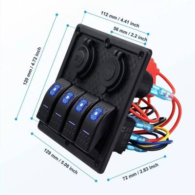 4x ON-OFF Illuminated Switch Switch Panel with 2x5V USB and Cigarette Lighter Output - 3