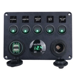 5-Way ON-OFF Green Illuminated Switch Switch Panel with 2x5V USB Cigarette Lighter and Voltage Indicator - 1