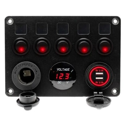 5-Way ON-OFF Red Illuminated Switch Switch Panel with 2x5V USB Cigarette Lighter and Voltage Indicator - 1