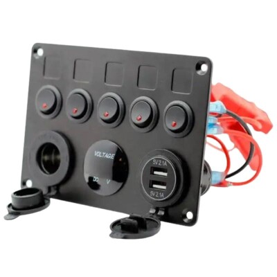 5-Way ON-OFF Red Illuminated Switch Switch Panel with 2x5V USB Cigarette Lighter and Voltage Indicator - 2