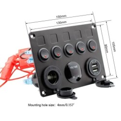 5-Way ON-OFF Red Illuminated Switch Switch Panel with 2x5V USB Cigarette Lighter and Voltage Indicator - 4