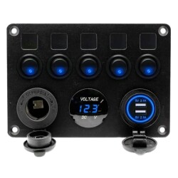 5'li ON-OFF Mavi Nokta Işıklı Anahtar Switch Panel 2x5V USB Çakmaklık ve Voltaj Göstergeli 