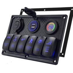 6 ON-OFF Blue Illuminated Switch Switch Panel with 2x5V USB Cigarette Lighter and Voltage Indicator - 1