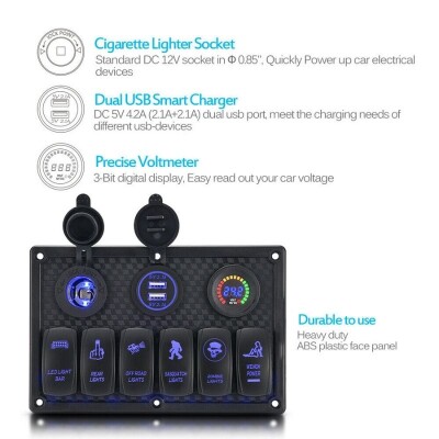 6'lı ON-OFF Mavi Işıklı Anahtar Switch Panel 2x5V USB Çakmaklık ve Voltaj Göstergeli - 2