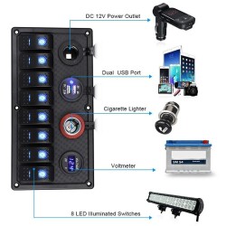 8-pin ON-OFF Green Lighted Switch Panel 2x5V USB 2x Cigarette Lighter and Voltage Indicator - 3