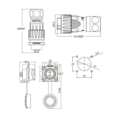 DH-20-C02PE-03-001 2-Pin Su Geçirmez Konnektör - Erkek - 2