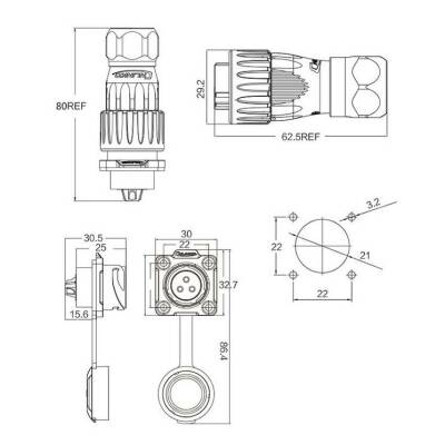 DH-20-C03PE-03-001 3-Pin Su Geçirmez Konnektör - Erkek - 2