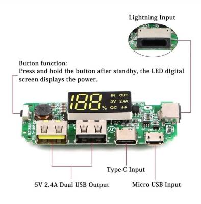 Dual USB 5V 2.4A Micro Type-C Powerbank Module with LEDs - 4