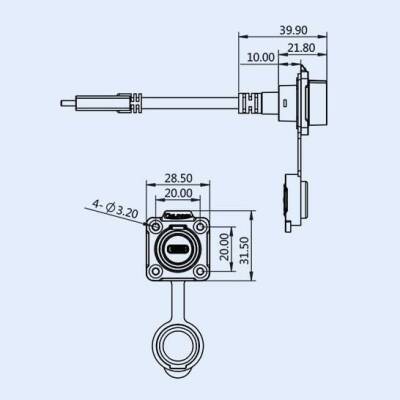 LP16-TYPEC-MP-FS-0D5M-002 Su Geçirmez Type C 3.1 Dişi Panel Tip Konnektör - 0.5M Kablo - 3