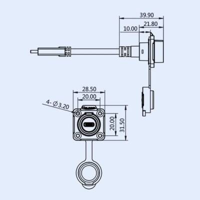 LP16-TYPEC-MP-FS-1M-002 Su Geçirmez Type C 3.1 Dişi Panel Tip Konnektör - 1M Kablo - 3