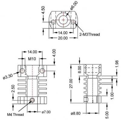 MK10 3D Printer Aluminum Heatsink Body - 27x20x12mm - 3