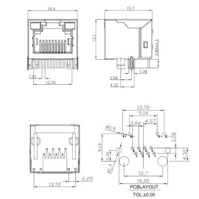 RJ45 8P8C Lighted Female Ethernet Connector - PCB Type - 3