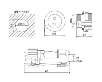 SD16 2 Pin 16mm Su Geçirmez Konnektör Takımı - Panel Tipi - 3