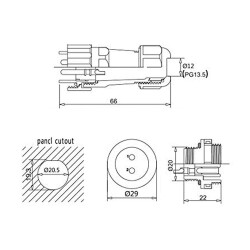 SD20 6 Pin 20mm Su Geçirmez Konnektör Takımı - Panel Tipi - 2