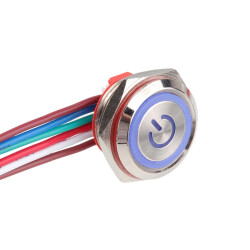 WD16C1-Wired-P1-EC 16mm Düz Yaylı Mavi Işıklı Metal Buton - Kablolu 