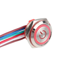 WD16C1-Wired-P1-EC 16mm Flat Spring Red Illuminated Metal Button - Wired 